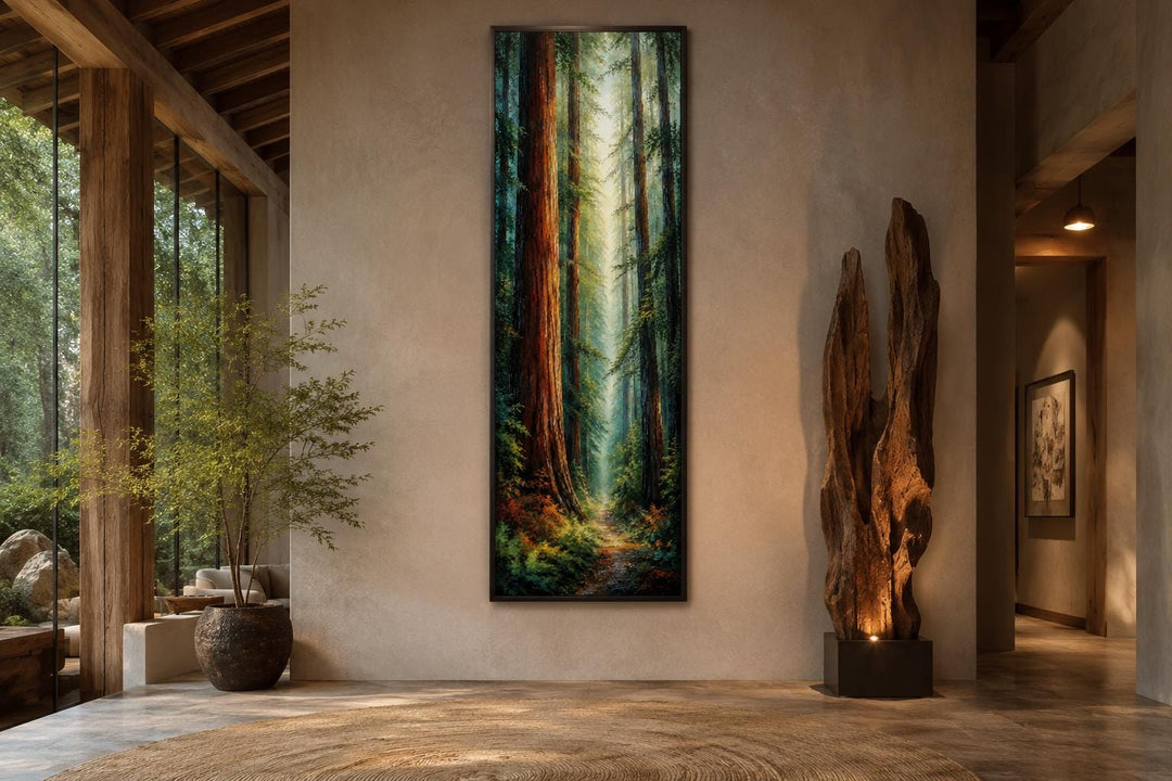 Tall narrow vertical canvas print of a redwood forest with sunlight filtering through tree trunks.