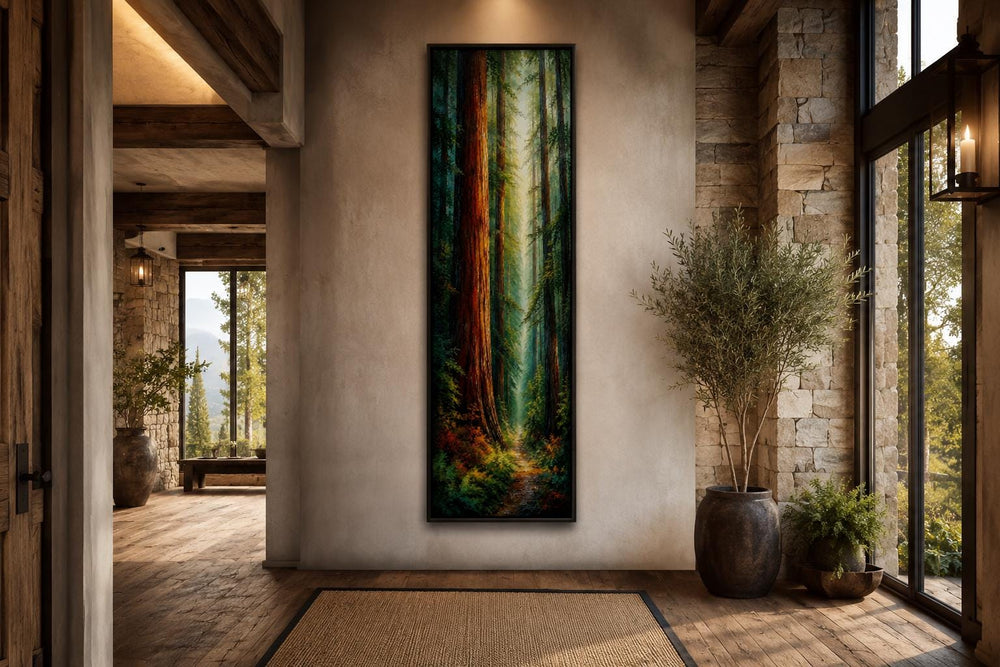 Tall narrow redwood forest canvas wall art hanging in a rustic cabin entryway.