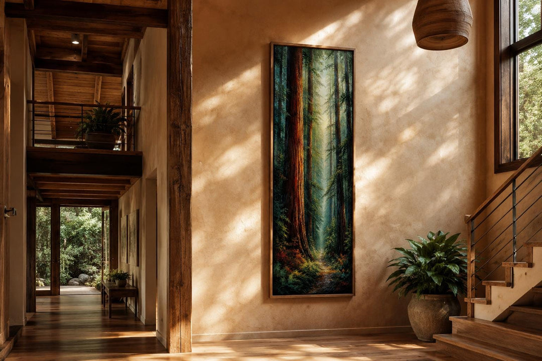 Tall narrow redwood forest canvas wall art hanging in a rustic hallway with warm natural light.