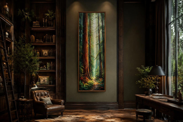 Tall narrow vertical canvas art of a redwood forest with sunlight filtering through towering trees.
