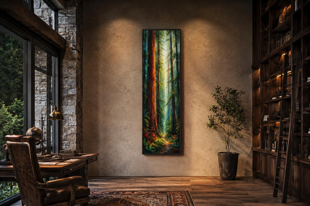 Tall narrow vertical canvas art of a redwood forest with sunlight filtering through towering trees.