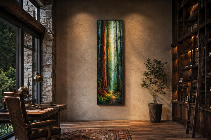 Tall narrow vertical canvas art of a redwood forest with sunlight filtering through towering trees.
