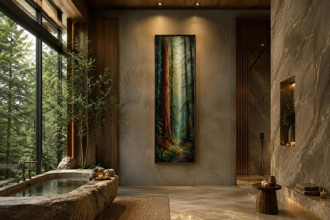 Tall narrow vertical canvas print of a redwood forest with sunlight filtering through tree trunks.
