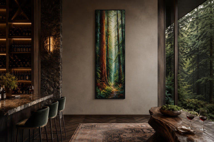 Tall narrow vertical canvas print of a redwood forest path in a rustic cabin interior.