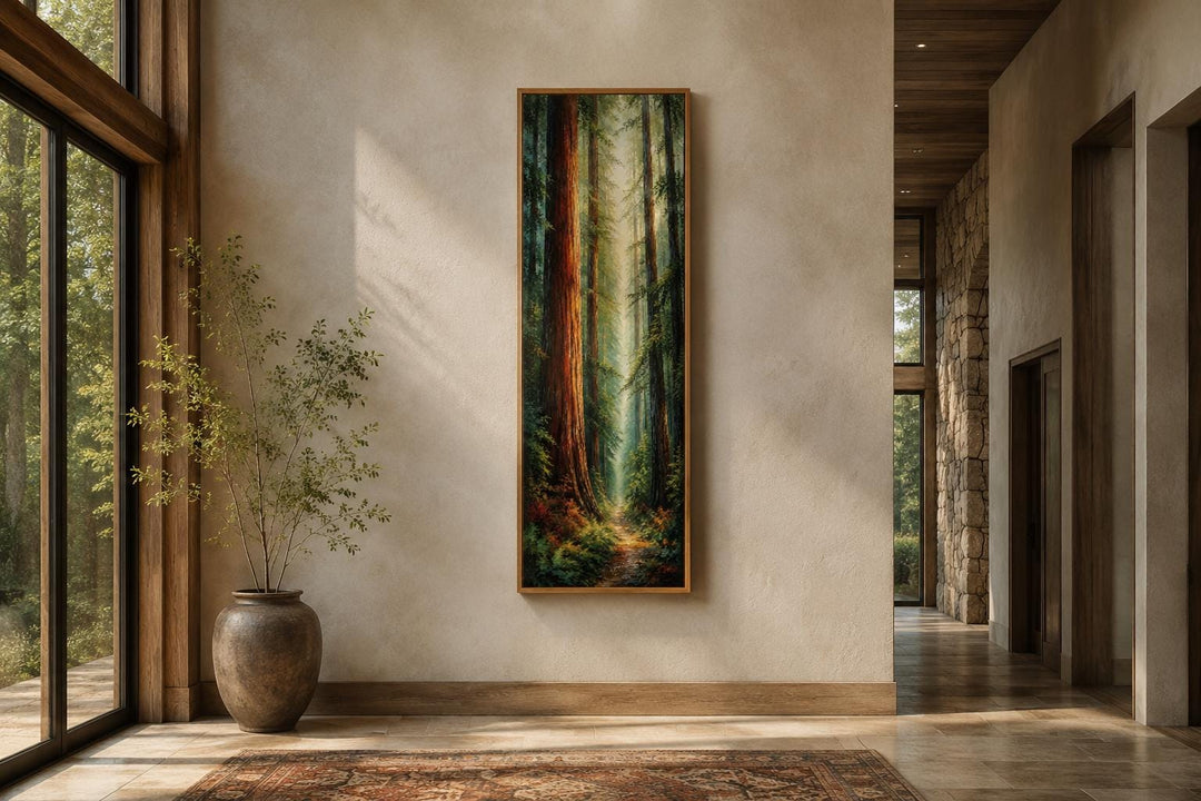 Tall narrow vertical canvas art of a redwood forest with sunlight filtering through tree trunks.