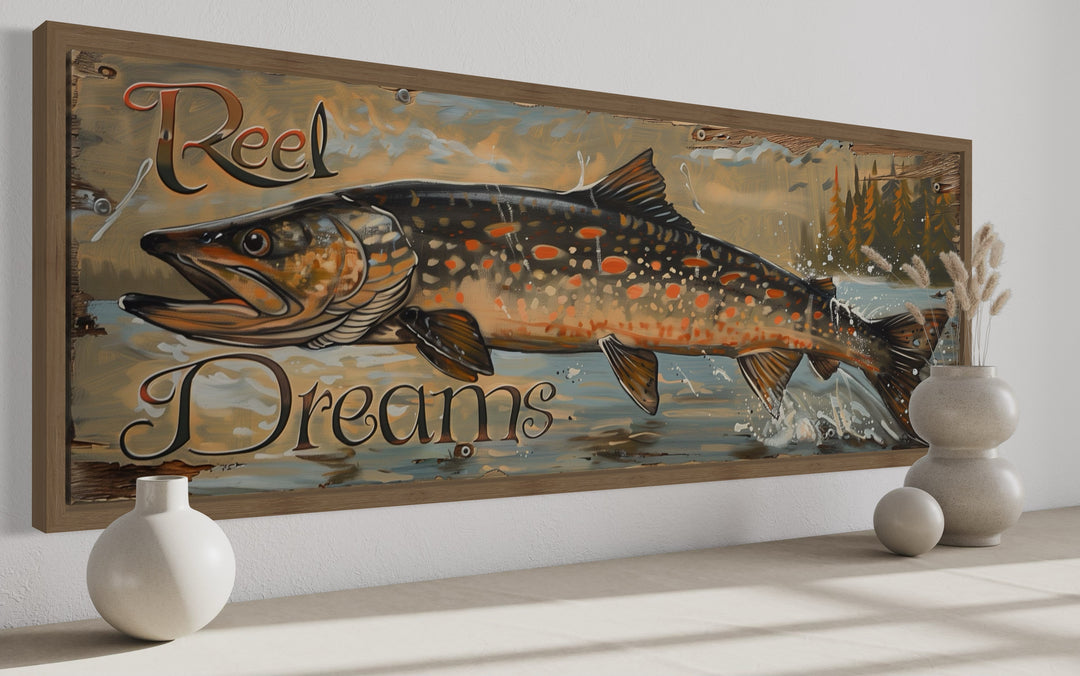 Reel Dreams Pike Fish fishing sign framed canvas wall art in a rustic lodge style.