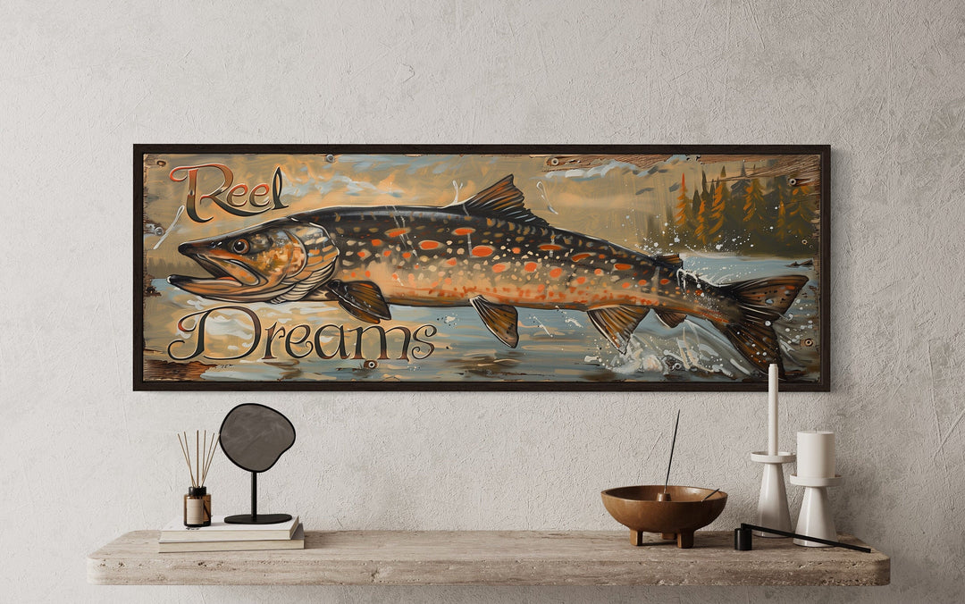 Reel Dreams Pike Fish Fishing Sign Lodge Decor Framed Canvas Wall Art