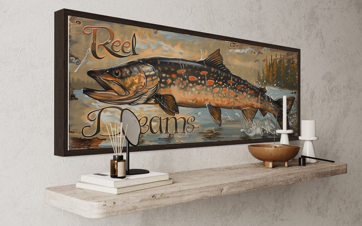 Reel Dreams Pike Fish Fishing Sign Lodge Decor Framed Canvas Wall Art