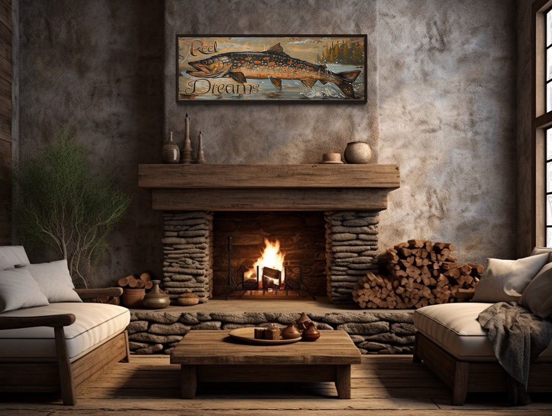 Reel Dreams Pike Fish Fishing Sign Lodge Decor Framed Canvas Wall Art