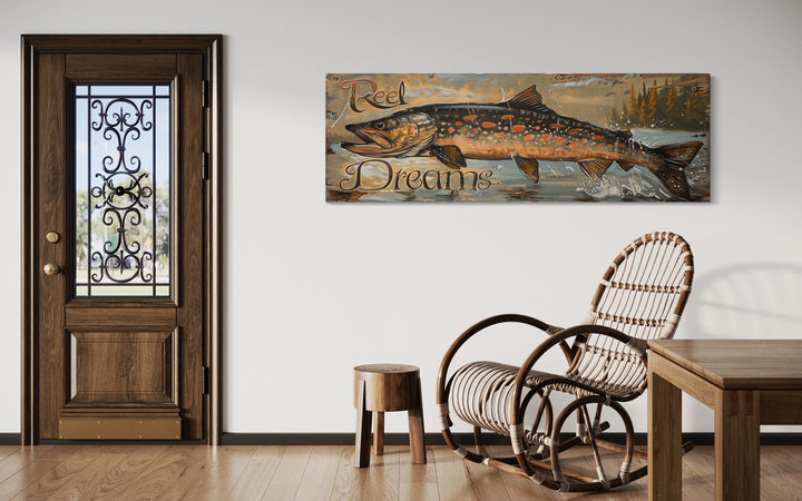 Reel Dreams Pike Fish Fishing Sign Lodge Decor Framed Canvas Wall Art