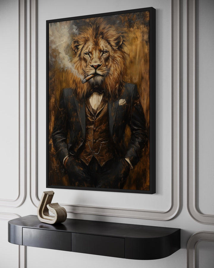 Regal Lion In Suit Smoking Cigar Canvas Wall Art For Men