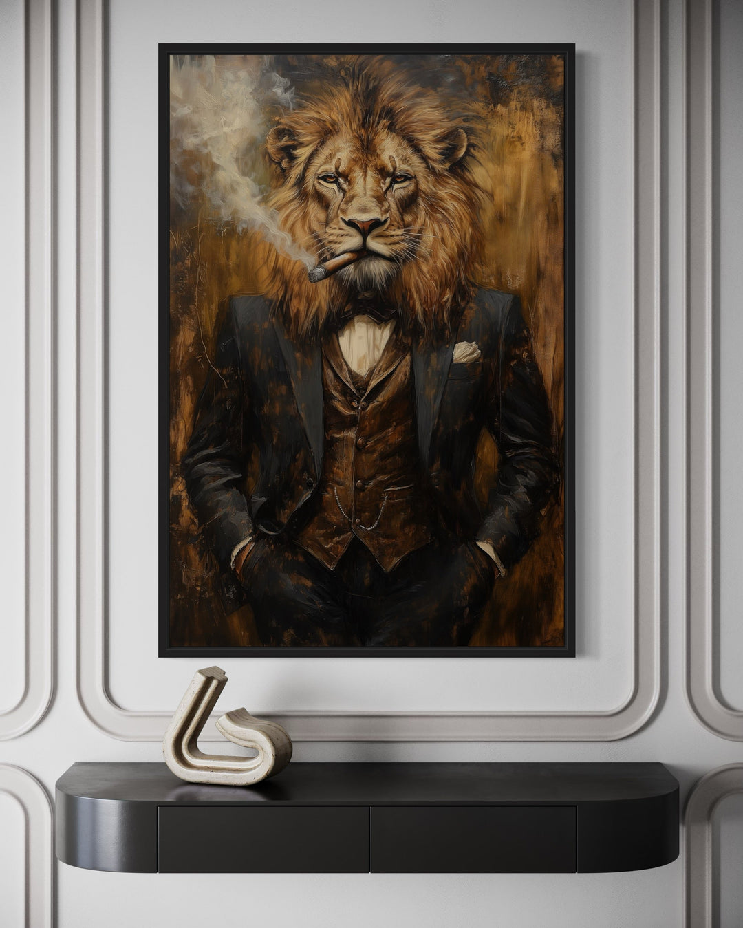 Wall Art For Men - Regal Lion In Suit Smoking Cigar Canvas Wall Art For Men