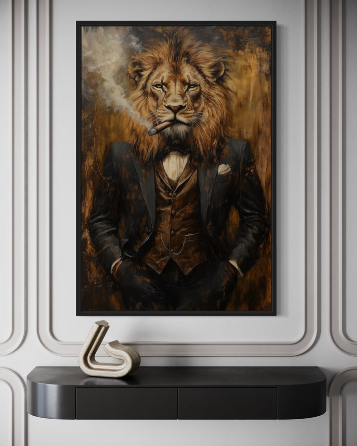 Regal Lion In Suit Smoking Cigar Canvas Wall Art For Men