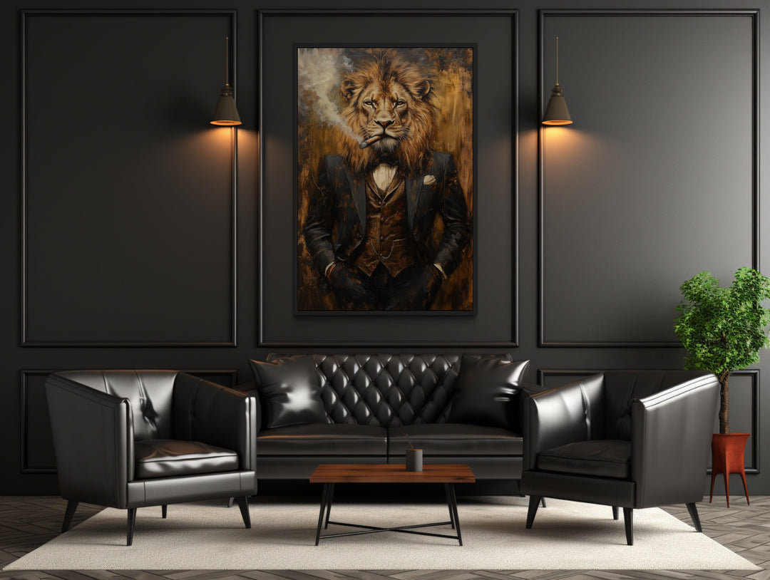 Wall Art For Men - Regal Lion In Suit Smoking Cigar Canvas Wall Art For Men