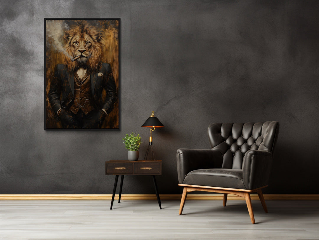 Wall Art For Men - Regal Lion In Suit Smoking Cigar Canvas Wall Art For Men