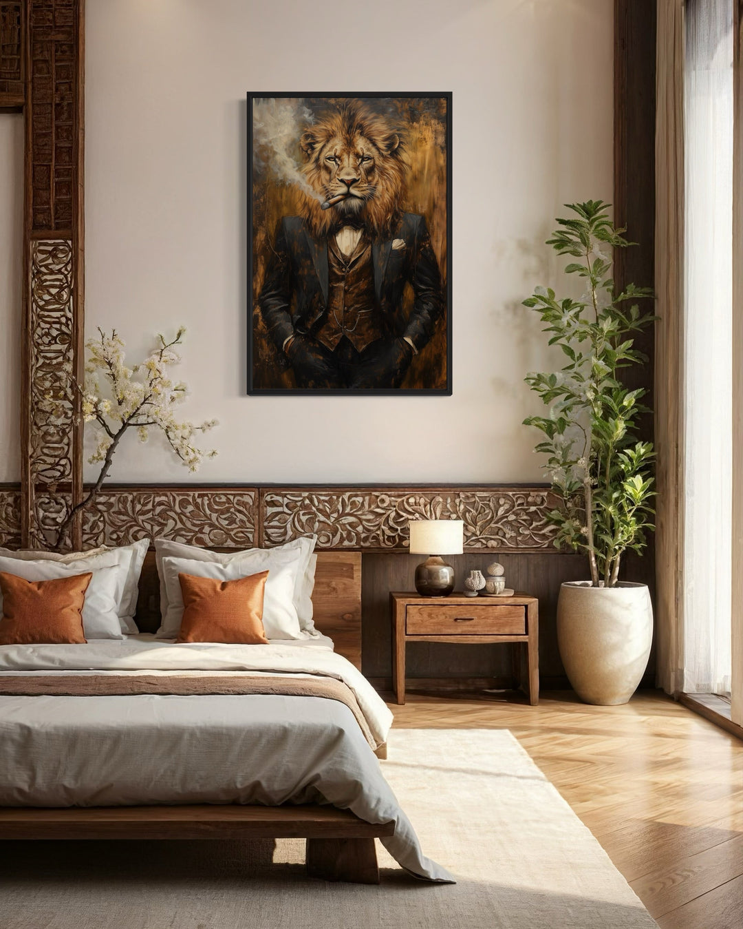 Wall Art For Men - Regal Lion In Suit Smoking Cigar Canvas Wall Art For Men