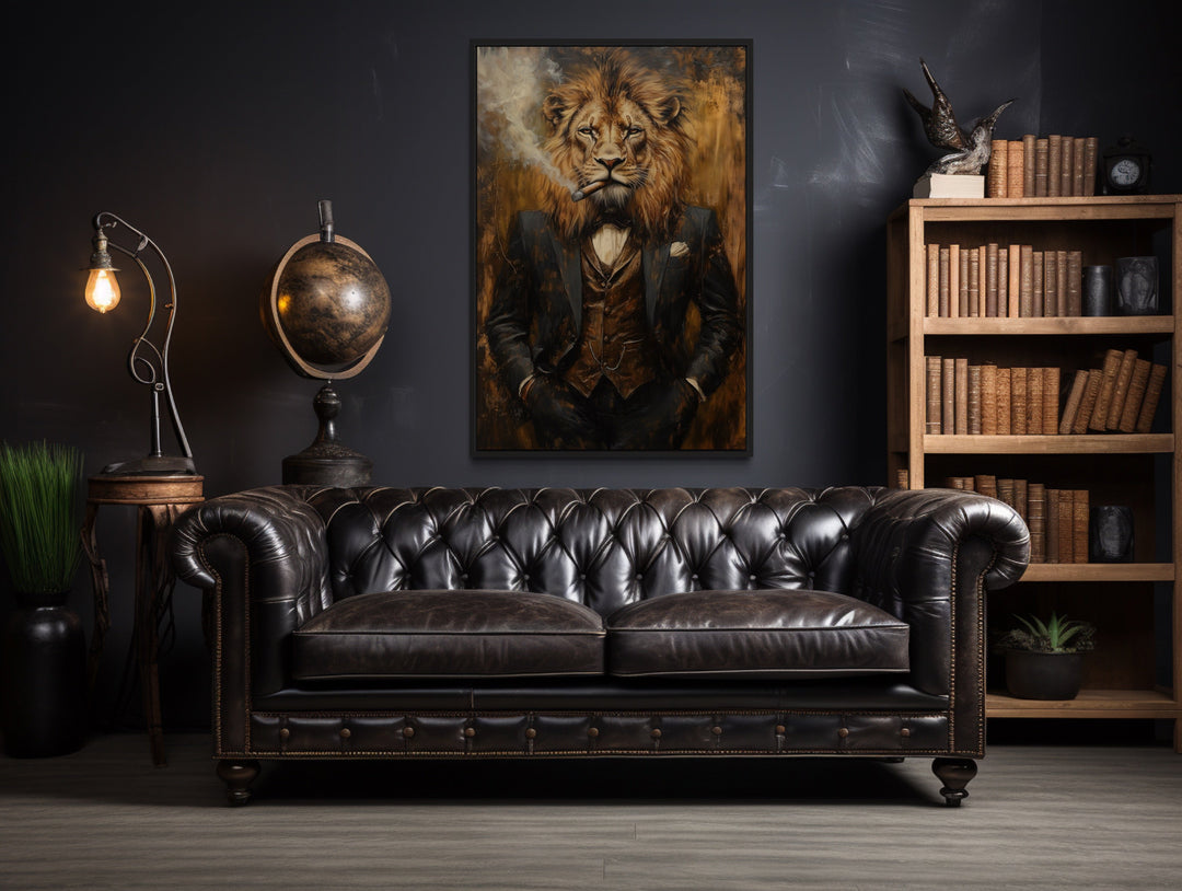 Regal Lion In Suit Smoking Cigar Canvas Wall Art For Men