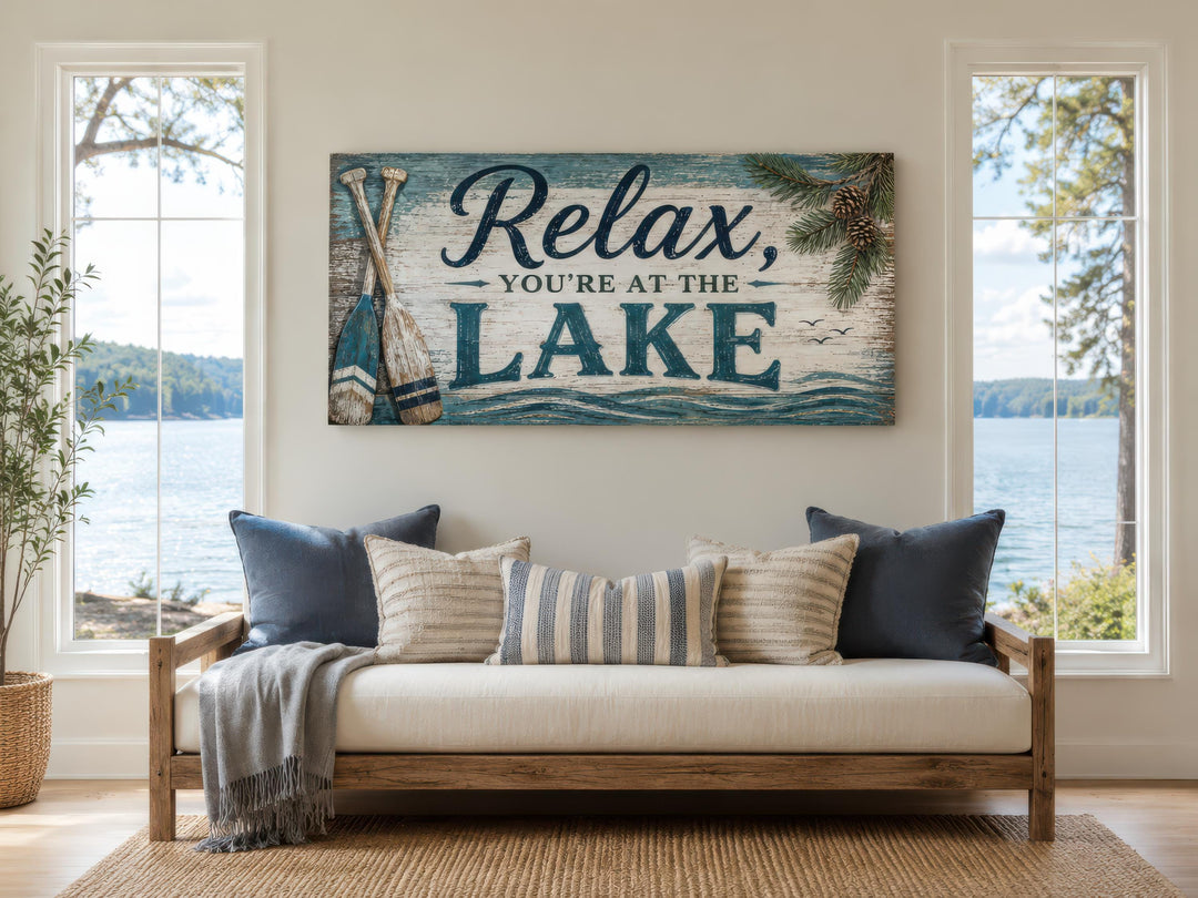 Rustic lake house wall art above a neutral sofa with blue and striped pillows in a bright room.