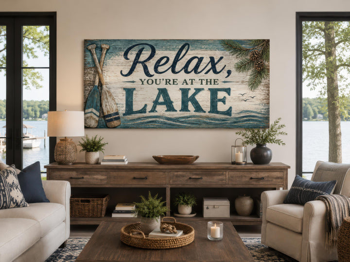 Rustic horizontal canvas sign with Relax You're At The Lake text and vintage paddle illustrations.