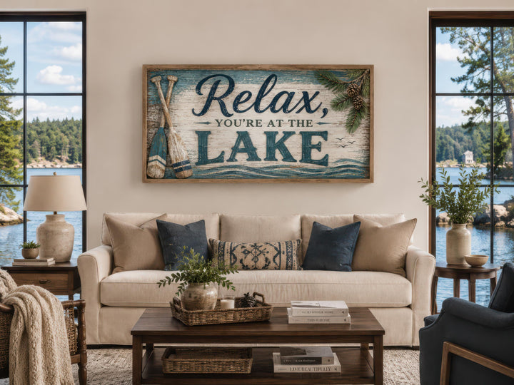Rustic lake house wall art above a beige sofa in a living room with lake views.