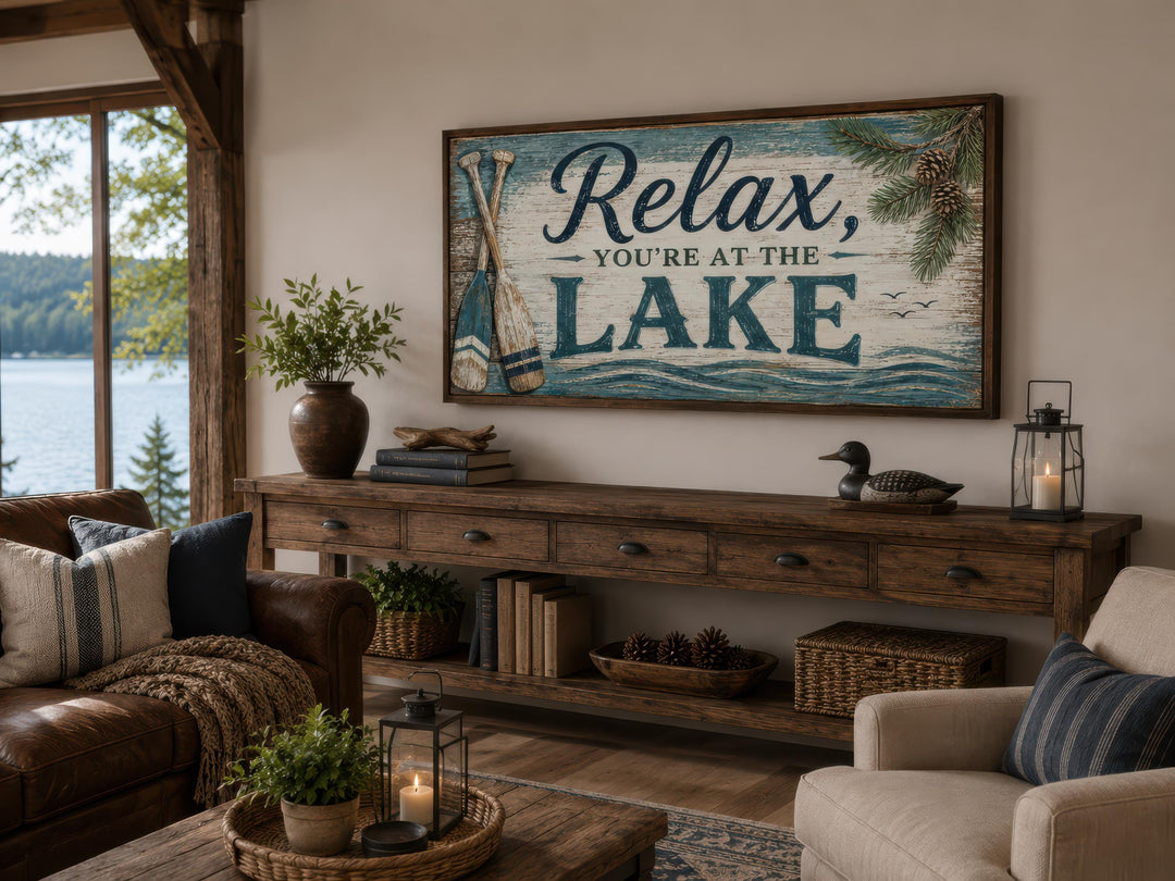 Rustic lake house wall art with "Relax, You're At The Lake" text above a wooden console table.