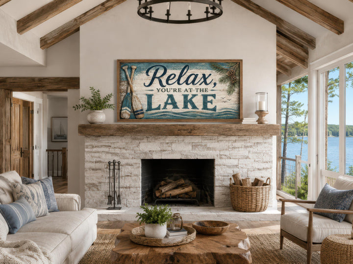 Rustic lake house wall art with "Relax, You're At The Lake" text above a stone fireplace.