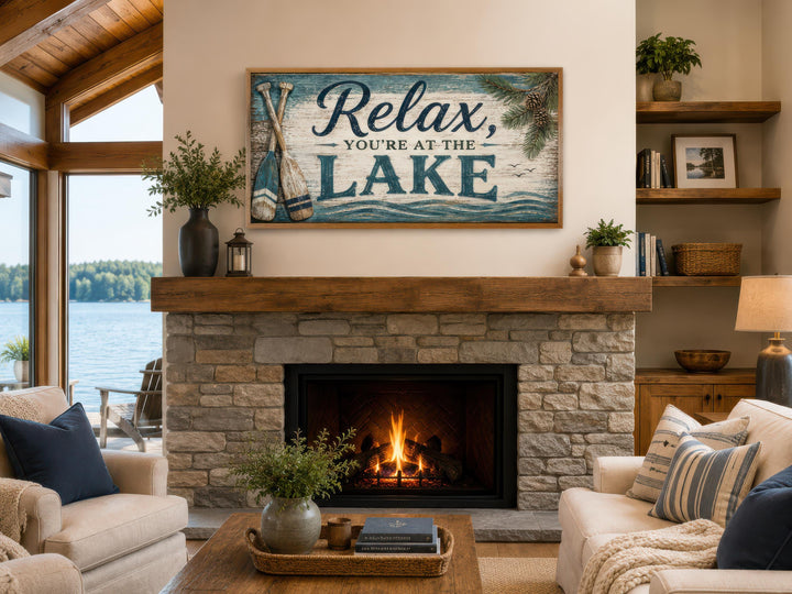 Rustic lake house wall art above a stone fireplace in a cozy living room with a lake view.