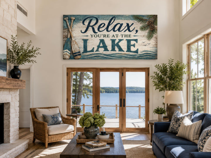 Rustic horizontal canvas sign reading "Relax, You're At The Lake" above a living room window.