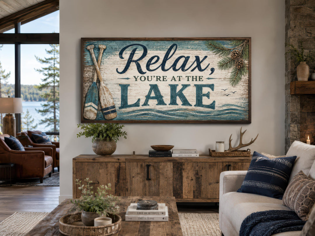 Rustic lake house wall art with 'Relax, You're At The Lake' text, oars, and pine branch accents.