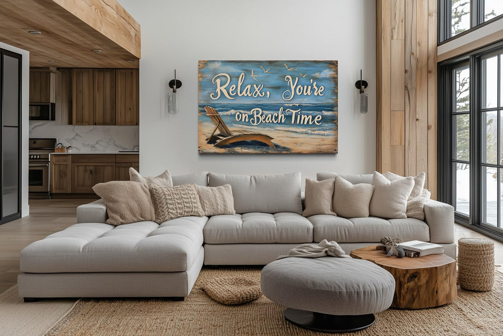 Relax You’re On Beach Time canvas wall art with a beach chair and ocean scene in a modern living room.