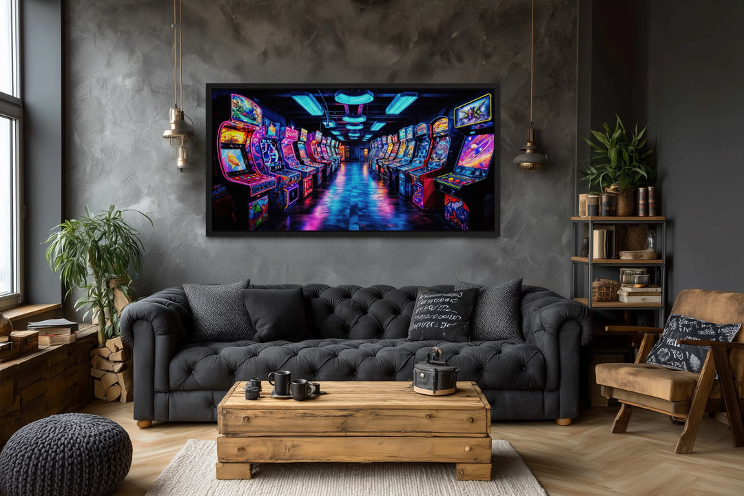 Retro Arcade Wall Art - Framed Canvas Print for Gaming Room Decor