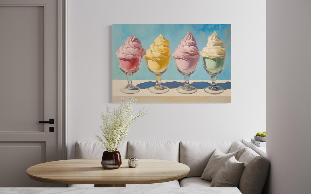 Retro ice cream framed canvas wall art featuring four colorful soft-serve sundaes in glass bowls.