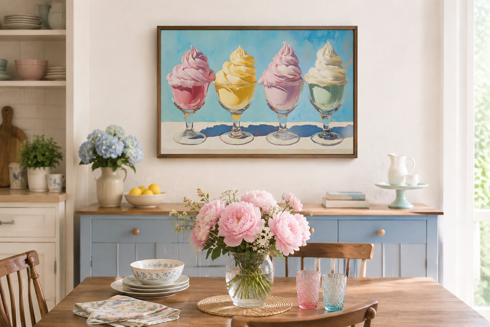 Retro ice cream framed canvas wall art featuring four colorful soft-serve sundaes in a kitchen.