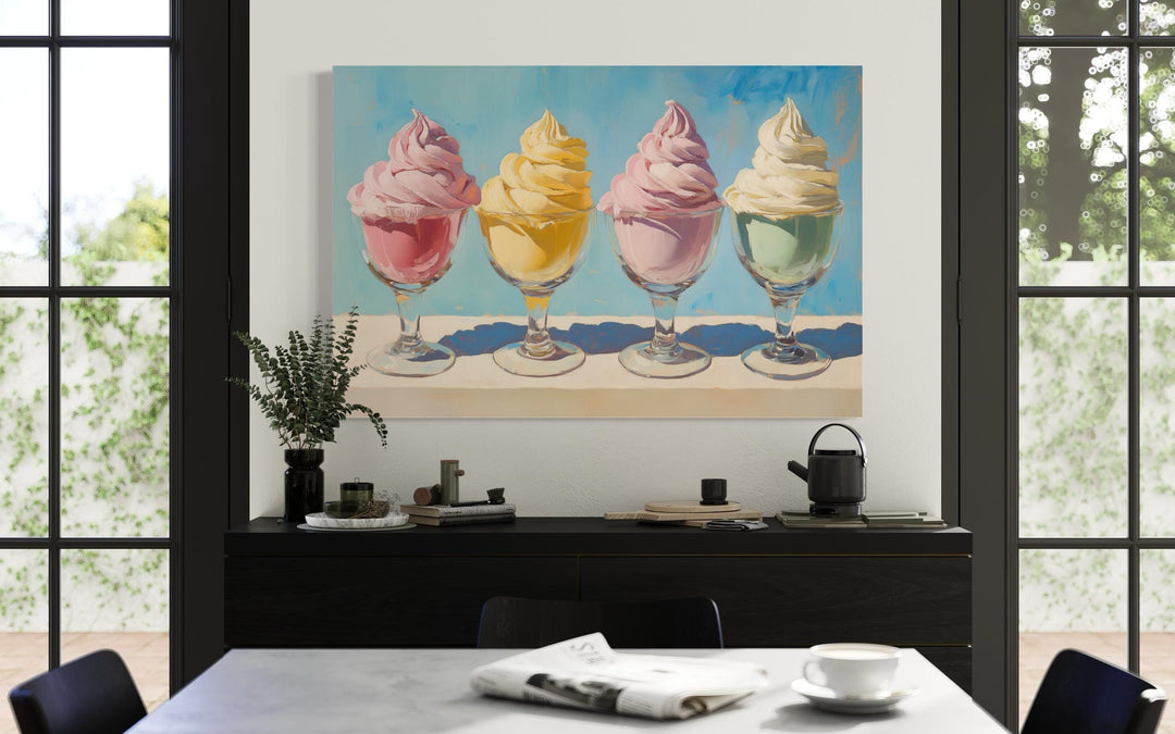 Retro ice cream framed canvas wall art featuring four colorful soft-serve scoops in glass dishes.