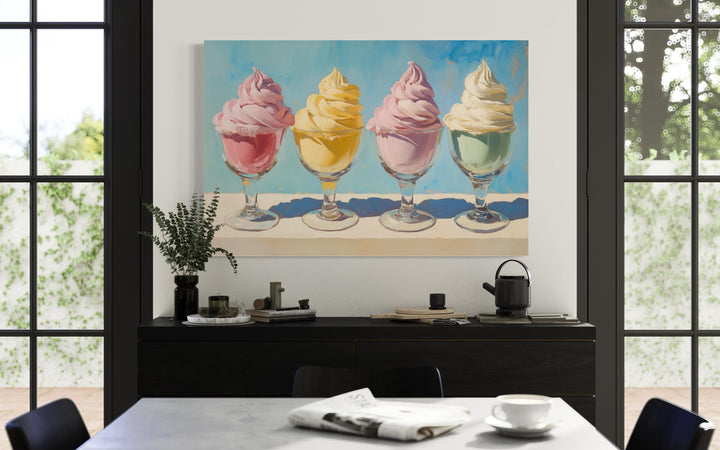 Retro ice cream framed canvas wall art featuring four colorful soft-serve scoops in glass dishes.