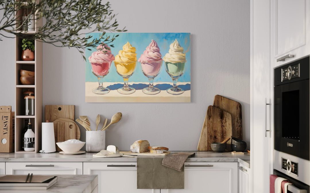 Retro ice cream framed canvas wall art featuring four colorful soft-serve sundaes in a kitchen.