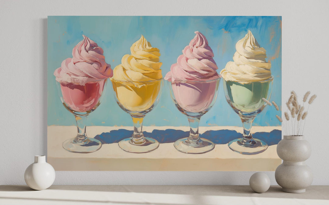 Retro oil painting of four pastel soft-serve ice cream sundaes in glass dishes on a blue background.