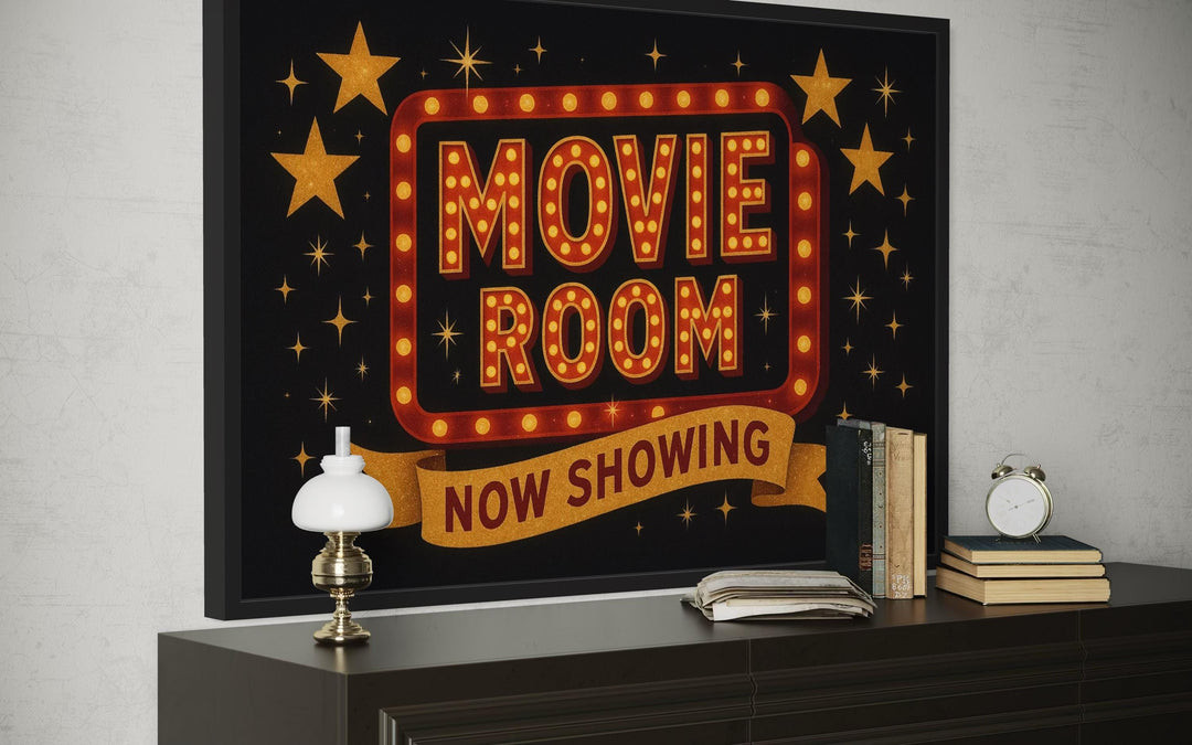 Retro Marquee Movie Room Sign Framed Canvas Wall Art