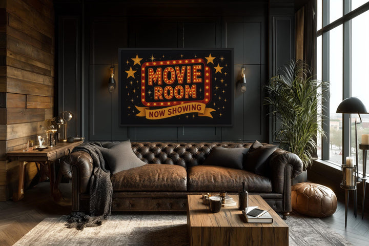 Retro Marquee Movie Room Sign Framed Canvas Wall Art