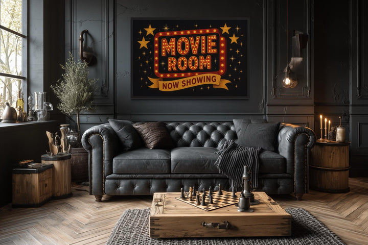 Retro Marquee Movie Room Sign Framed Canvas Wall Art
