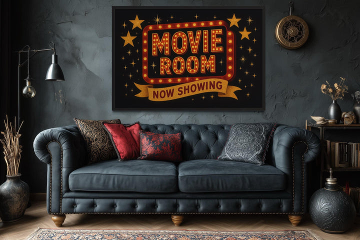 Retro Marquee Movie Room Sign Framed Canvas Wall Art