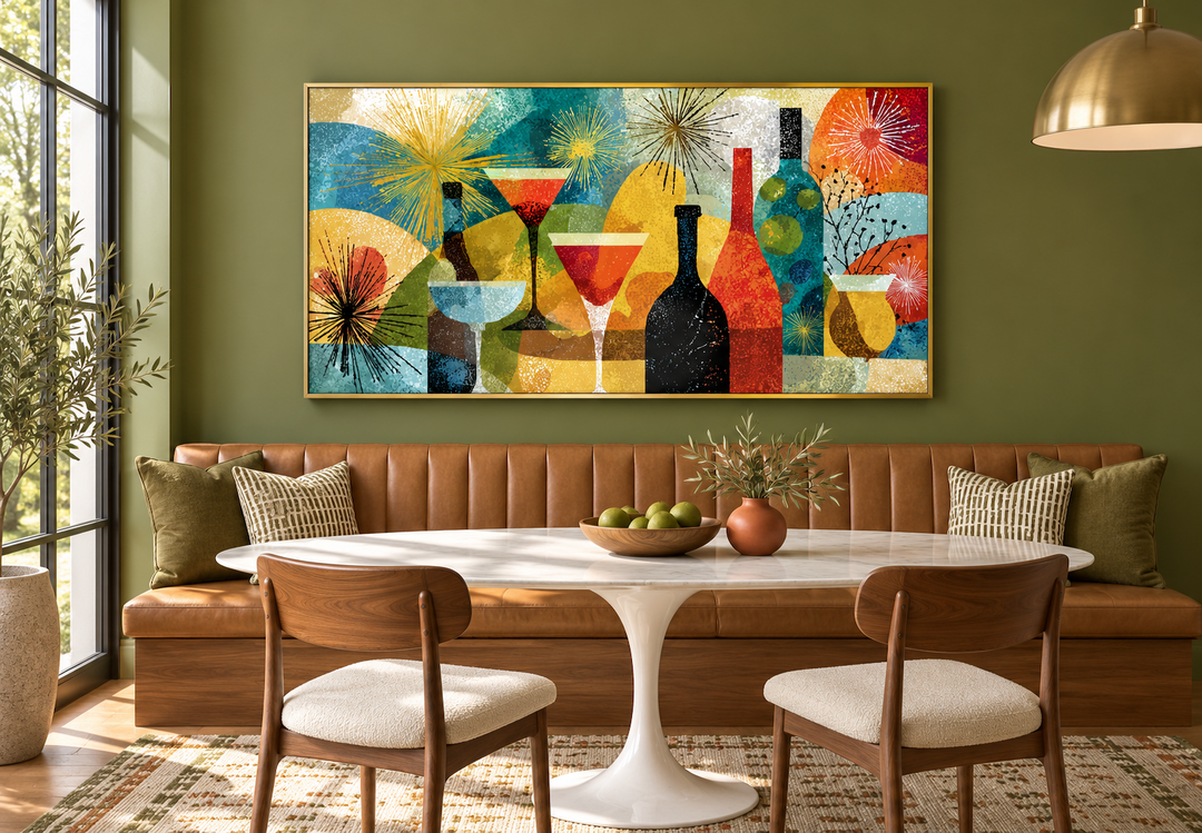 Mid-century modern panoramic canvas print of retro cocktail glasses and bottles in a dining room.