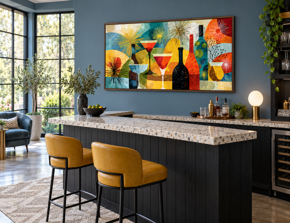 Mid-century modern panoramic canvas print of retro cocktail glasses and bottles above a home bar.