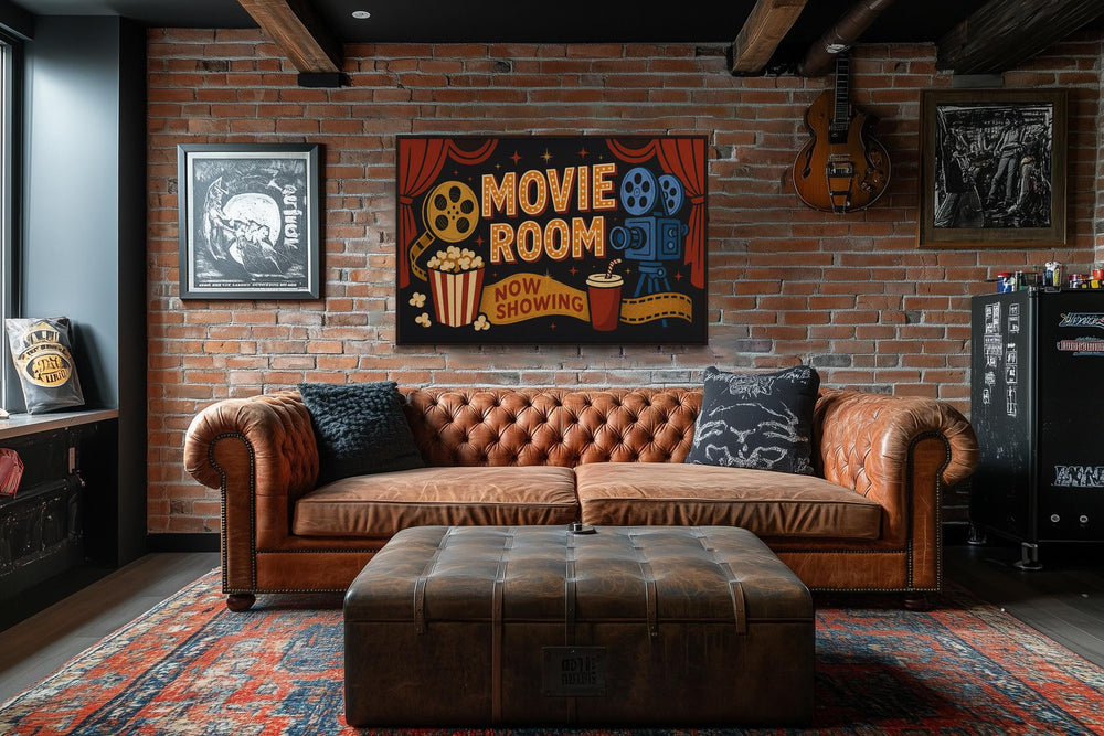 Retro Movie Room Sign With Popcorn, Camera And Drink Canvas Wall Art