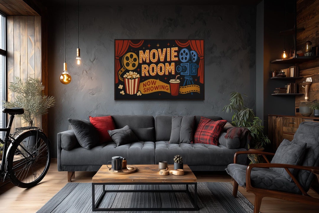 Retro Movie Room Sign With Popcorn, Camera And Drink Canvas Wall Art