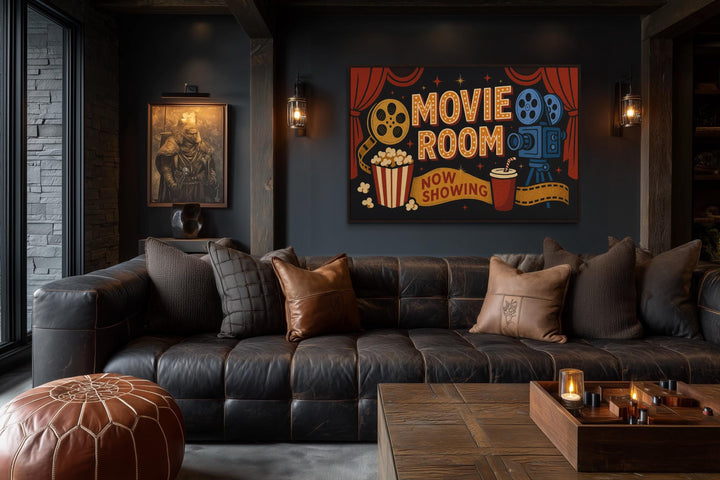 Retro Movie Room Sign With Popcorn, Camera And Drink Canvas Wall Art