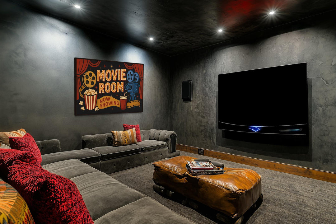 Retro Movie Room Sign With Popcorn, Camera And Drink Canvas Wall Art