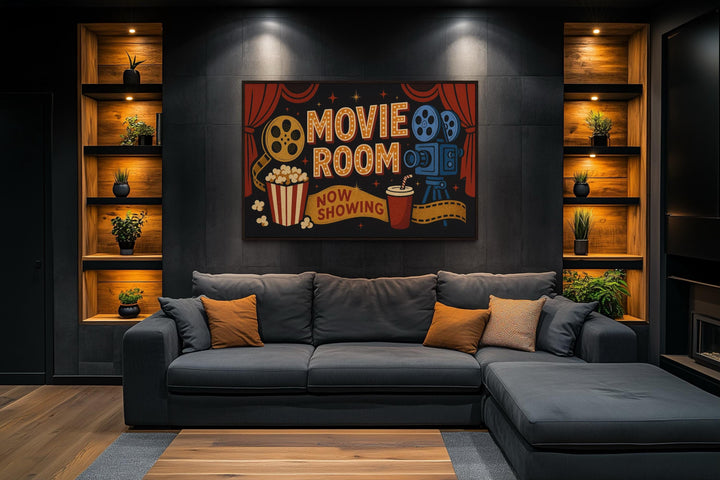 Retro Movie Room Sign With Popcorn, Camera And Drink Canvas Wall Art