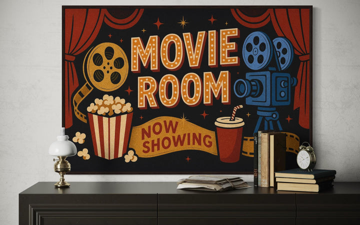 Retro Movie Room Sign With Popcorn, Camera And Drink Canvas Wall Art