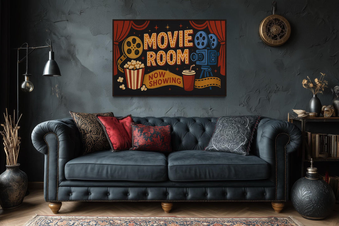 Retro Movie Room Sign With Popcorn, Camera And Drink Canvas Wall Art